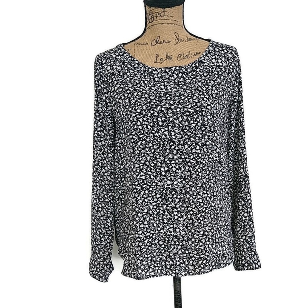 LOFT Outlet‎ Black White Floral Long Sleeve Blouse Cottagecore sz S